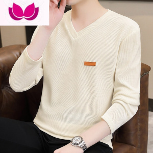 七斓男士长袖t恤2023新款加绒v领打底衫内搭潮流百搭体恤上衣服