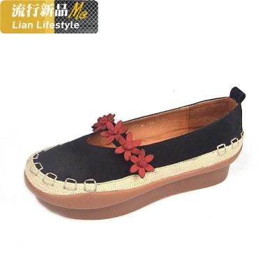 2019新款复古文艺百搭四季鞋头层牛皮花朵麻绳松糕厚底单鞋女潮知义(ZHIYI)休闲鞋