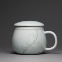 影青陶瓷景德镇茶水分离茶具同心过滤带盖子办公室家用泡茶杯 三维工匠 岁寒三友