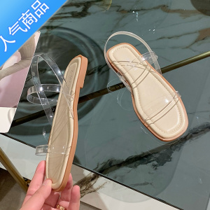 SUNTEK平跟软底仙女风2023年夏新款露趾罗马鞋简约百搭一字带透明凉鞋女