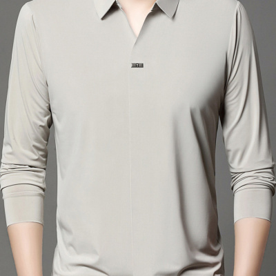 男士剪刀领POLO衫长袖春秋季时尚高级感中年男潮流V领T恤上衣