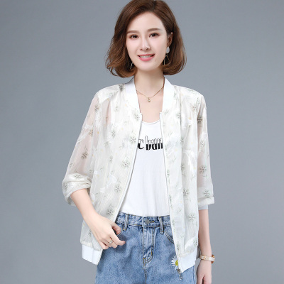 班俏BANQIAO防晒夹克女短款2021年夏新款宽松外穿宽松棒球服开衫薄款印花外套运动薄款夹克女装