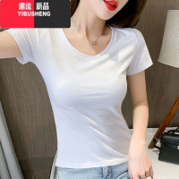 YIBUSHENG圆领短袖修身白色t恤女2024新款显瘦v领黑色紧身薄款上衣肩宽