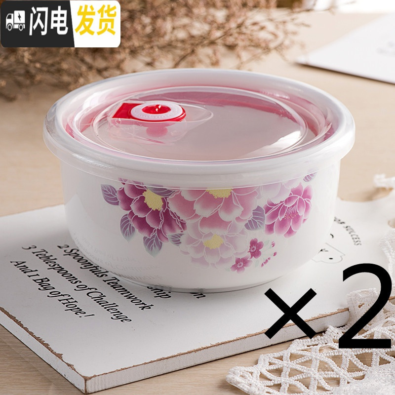 三维工匠陶瓷保鲜碗便当盒微波炉专用饭盒冰箱保鲜密封碗带盖大号泡面碗 (6英寸大号两个)百花齐放