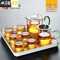 三维工匠玻璃茶具套装加厚可高温家用简约透明功夫茶杯套装日式 春羡密胺盘正方形+手执玻璃壶(绿把)+带漏公杯(小)+白把6