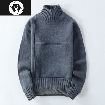 HongZun韩版男士毛衣秋冬季加绒加厚半高领线衣打底衫潮流保暖上衣针织衫毛衣