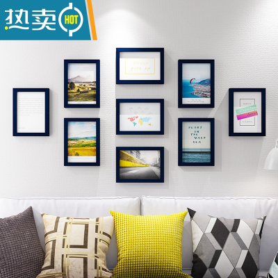 敬平现代简约照片墙相框挂墙免打孔创意装饰卧室客厅组合框加洗照片框 7寸9框 深蓝照片墙 洗照片+(安装图纸+无痕钉等配件