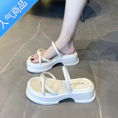 SUNTEK网红粗跟厚底凉拖鞋女夏外穿2023新款百搭仙女风松糕一字沙滩拖鞋