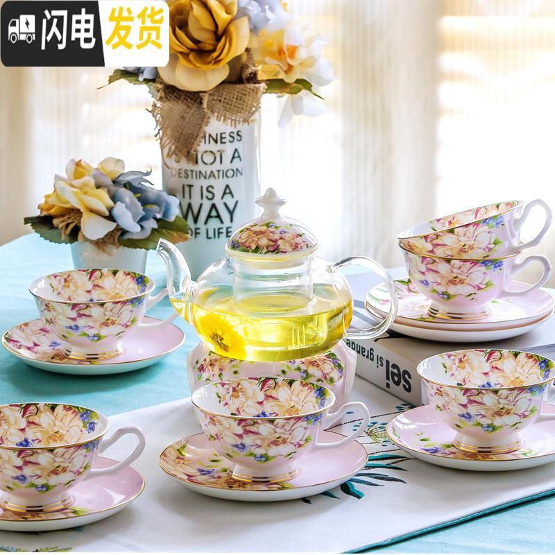 三维工匠花茶壶水果茶壶花茶杯套装家用英式下午茶茶具欧式玻璃壶耐热蜡烛 蓝色馨蕊(6杯+6碟+1壶+1温茶器)