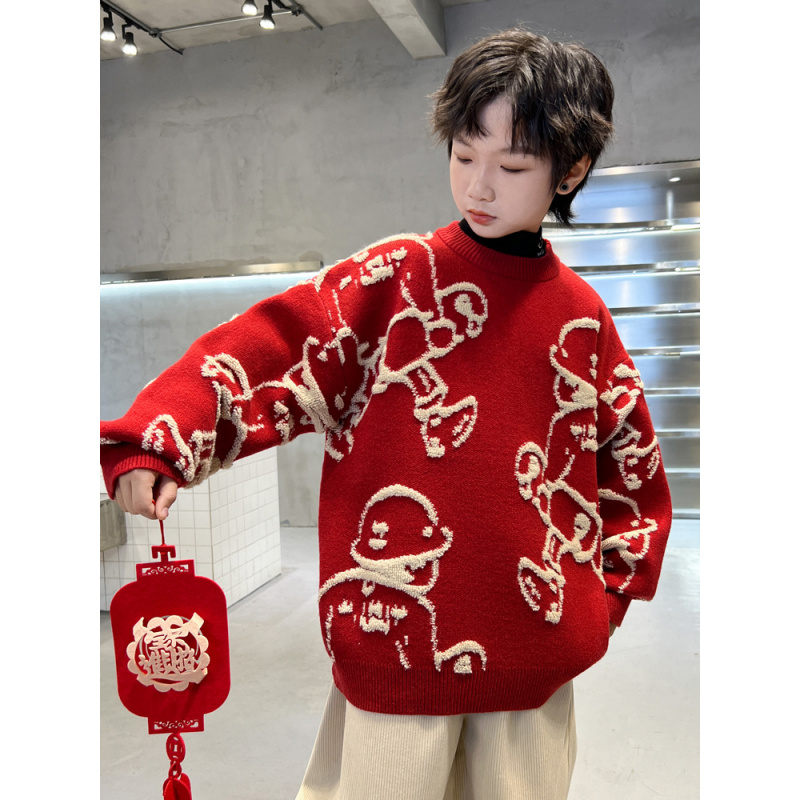 男童毛衣新款大儿童本命年红色针织衫冬季蛇年新年衣服加厚潮