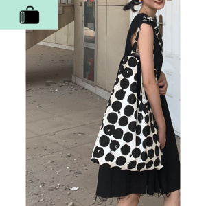 包包2020新款斜跨帆布包女单肩学生韩版女百搭ins波点布袋大容量NEW LAKE 黑白波点女斜挎包 黑白波点