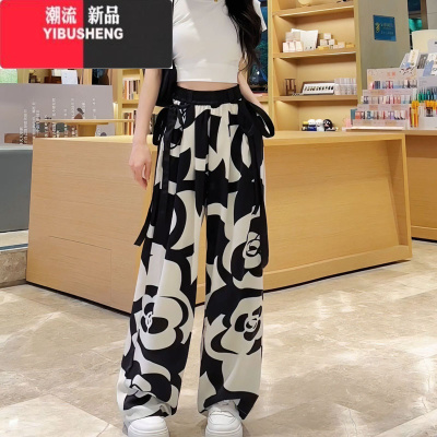 YIBUSHENG季新款大码休闲裤女质感黑白印花飘带薄款冰丝雪纺高腰阔腿裤潮