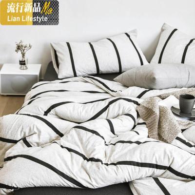 天竺棉四件套棉针织简约棉条纹被套床单4件套床笠款床上用品 三维工匠