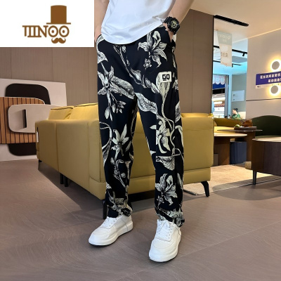 YANXU夏季薄款直筒裤男士时尚百搭透气冰丝休闲裤潮流民族风宽松运动裤