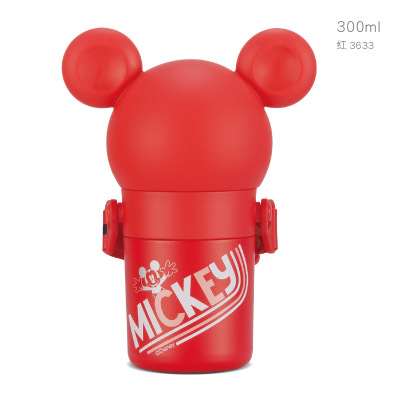 迪士尼男女宝宝儿童316L不锈钢保温外出携带配背带吸管杯学生不锈钢水杯幼儿园宝宝防摔公仔杯套水壶-红色米奇大耳朵吸管水壶