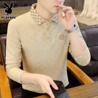 花花公子休闲长袖t恤男士打底上衣春季新款潮牌翻领卡其polo衫男