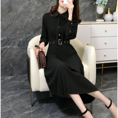 语娄大码女装长裙气质200斤胖mm收腰显瘦长袖职业百褶裙衬衫连衣裙潮2021大码女装
