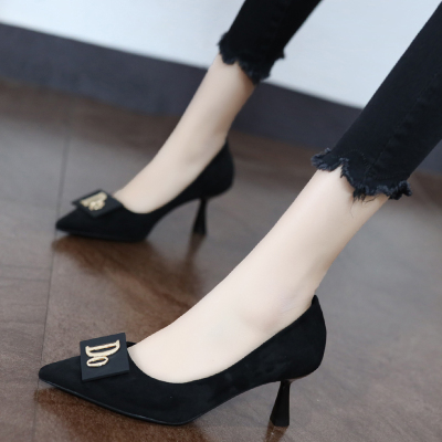 韩版尖头小高跟鞋绒面6cm中跟舒适气质时尚百搭单鞋女2020春新款