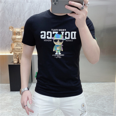 夏季新款欧货字母印花烫钻圆领短袖修身潮流帅气男装半袖T恤_3