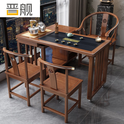 晋舰新中式旋转茶桌阳台移动功夫茶台一体泡茶桌椅组合1m茶桌1围2月牙