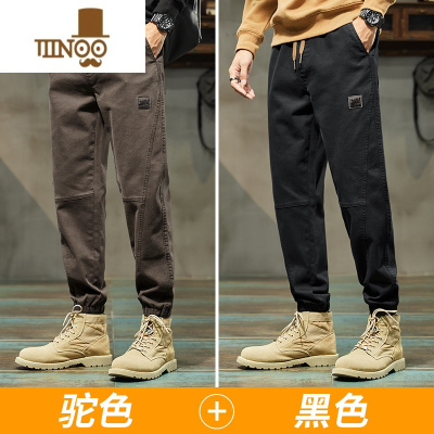 YANXU潮牌休闲裤男士2023新款运动束脚宽松运动九分工装裤子男款