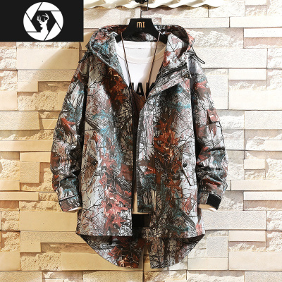 HongZun春秋迷彩中长款风衣男潮牌宽松连帽工装外套胖子大码嘻哈街头上衣风衣