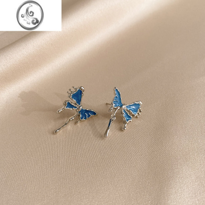 JiMi蓝色蝴蝶银银耳环女2023年新款潮小众设计高级感耳钉轻奢森系耳饰
