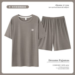睡衣男夏季加肥加大码螺纹冰丝短袖短裤年轻简约大方家居服可外穿