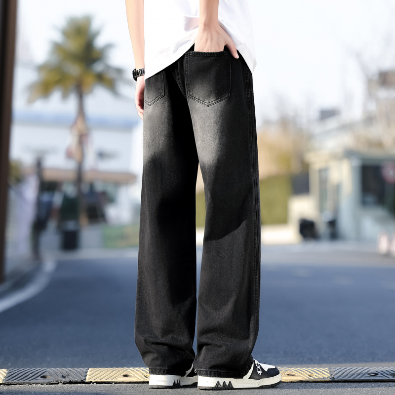 美式高街水洗渐变黑牛仔裤男潮牌宽松直筒阔腿拖地裤青少年男裤