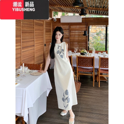 YIBUSHENG法式复古印花背心连衣裙女季新款度假风收腰显瘦A字茶歇长裙ins
