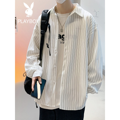 花花公子男夏季薄款潮流长袖衬衫新款港风ins条纹青少年衬衫外套