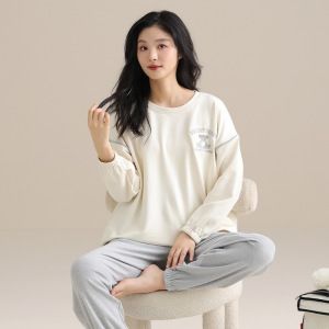 德绒发热长袖秋冬季睡衣女士恒温保暖套装圆领简约家居服冬天外穿