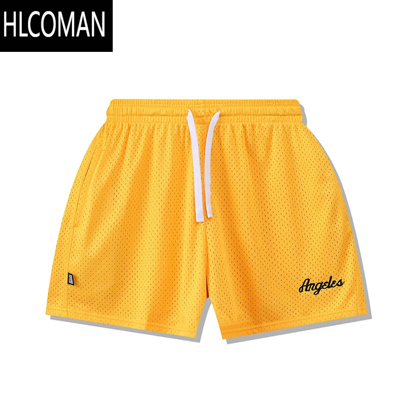 HLCOMAN新款双层网刺绣美式三四分短裤速干 跑步运动透气网眼篮球裤男女