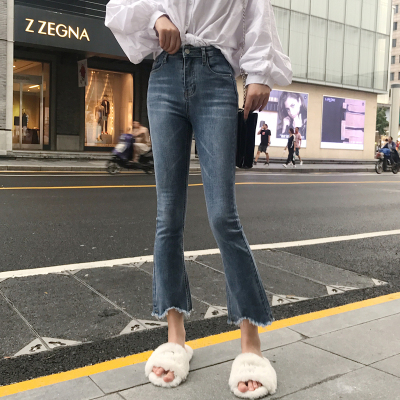 女裤新款潮宽松时尚显瘦浅色bf九分微喇牛仔裤女7.28