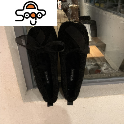 七色王国蝴蝶结毛毛鞋女浅口套脚平底加绒单鞋2020冬季新款外穿时尚豆豆鞋休闲鞋