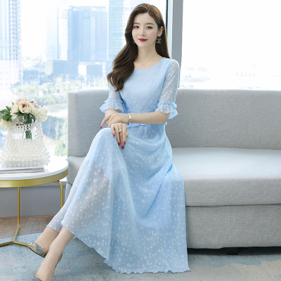 遇见衣姿雪纺连衣裙2021新款夏流行裙子长款收腰大摆裙女