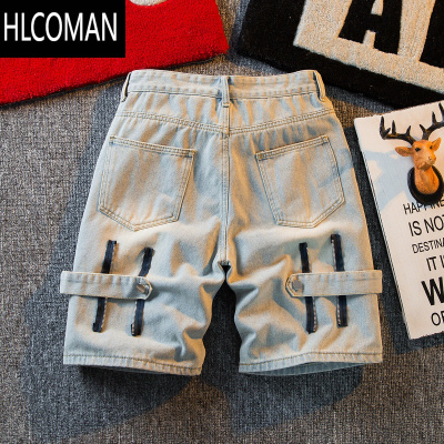 HLCOMANHPCP美式高街黄泥染牛仔短裤男拉链设计感小众潮牌ins炸街5分中裤