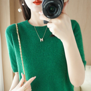 套头毛衣女非羊绒圆领短袖宽松T恤内搭针织衫打底春秋季短款上衣