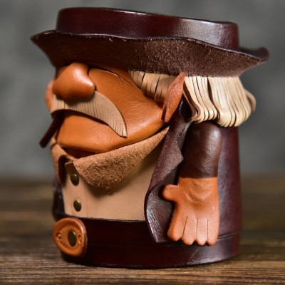 原创设计手工植鞣牛皮笔筒办公创意全牛皮卡通笔桶桌面摆件收纳盒三维工匠鞋子笔筒原色