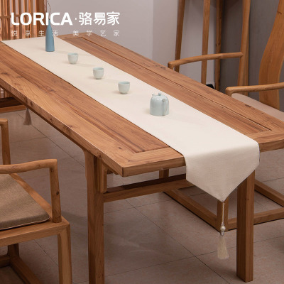 新中式桌旗禅意色棉麻茶几餐桌布日式长条北欧现代简约五斗柜布 平织-白色 33*330cm(适用桌长2.7米-2.9米)
