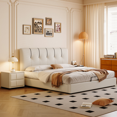 奶油风真皮床轻奢现代简约主卧室双人床小户型储物床家用软包婚床