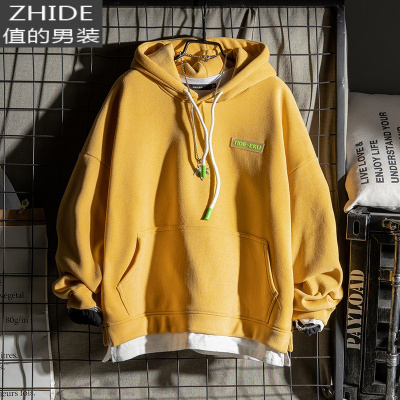 SUNTEK卫衣男秋冬款连帽日系加绒叠穿假两件色港风宽松潮流百搭带帽衫卫衣