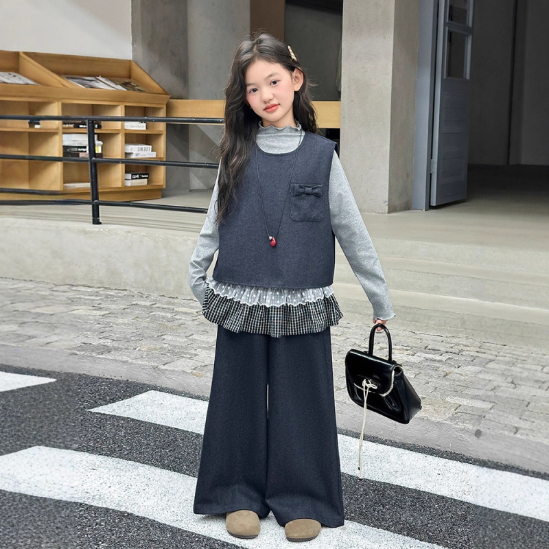 女童秋季牛仔套装童装新款洋气女孩裤子背心打底衫三件套儿童潮酷