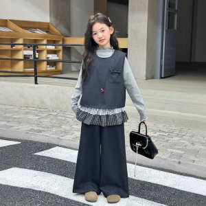 女童秋季牛仔套装童装新款洋气女孩裤子背心打底衫三件套儿童潮酷