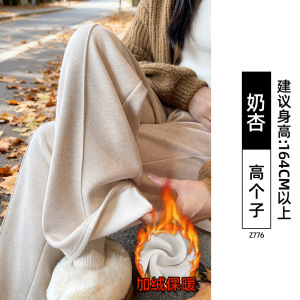 咖色羊毛呢阔腿裤女秋冬加绒新款窄版直筒小个子垂感糯米裤子
