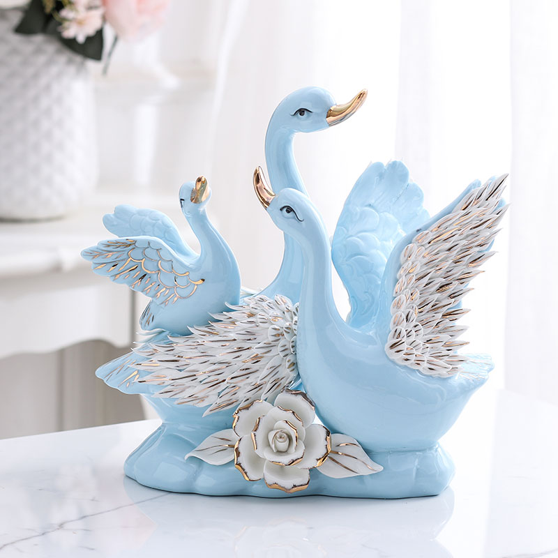 陶瓷天鹅一家三口四口结婚礼品家居客厅电视柜酒柜装饰品摆件 三维