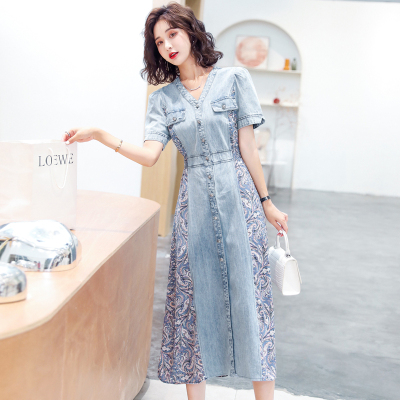 新品华哥弟情官方正品女装2021夏装新款修身牛仔布蛋糕网纱阿玛施短袖连衣裙女