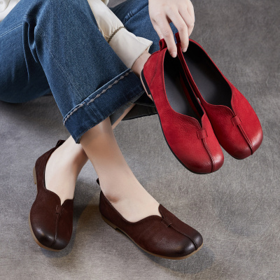 舒适浅口妈妈女鞋一脚蹬软底软面民族风复古2026春季方头真皮单鞋