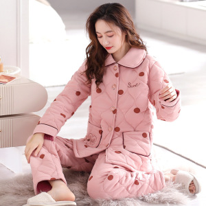 睡衣女款秋冬季新款针织夹棉三层加厚加绒中年妈妈保暖家居服套装