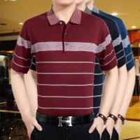 春夏季中年男士短袖T恤翻领纯棉条纹宽松爸爸夏装中年人汗衫半袖